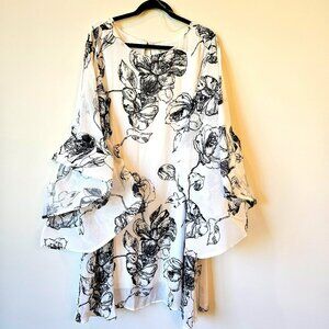 Dalin Flowy Black & White Floral Dress  Bell Sleeves Elegant Whimsy fairycore